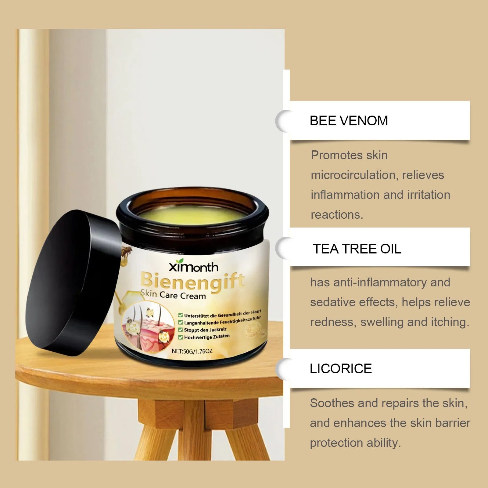 50g jar of bee venom herbal blend moisturising body cream with mint leaf and shea butter