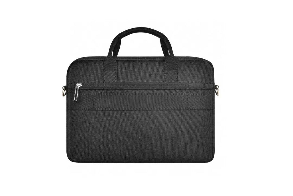 Black Oxford cloth laptop handbag showing multi-pocket organiser design and secure lock.