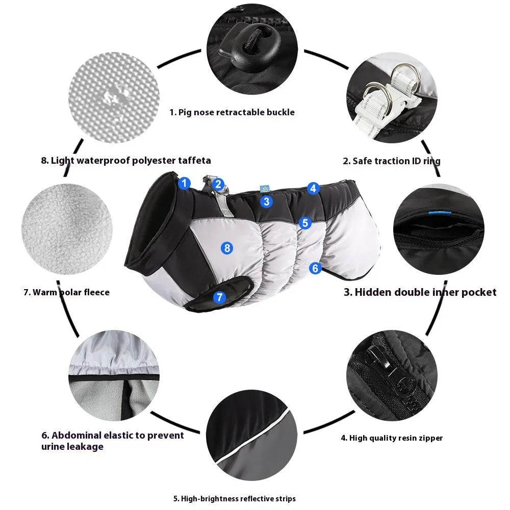 Large dog wearing waterproof reflective winter coat in polar fleece material