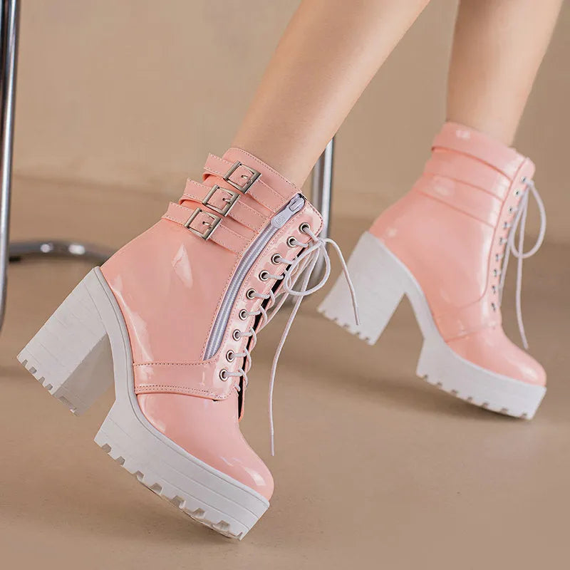 Women's waterproof winter boots with thick 6-8 cm heel and lace-up front in multiple colours