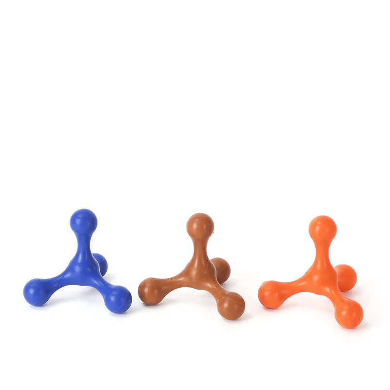 Beef-flavoured silicone chew toy for small medium dogs with three-legged bone design in assorted colours