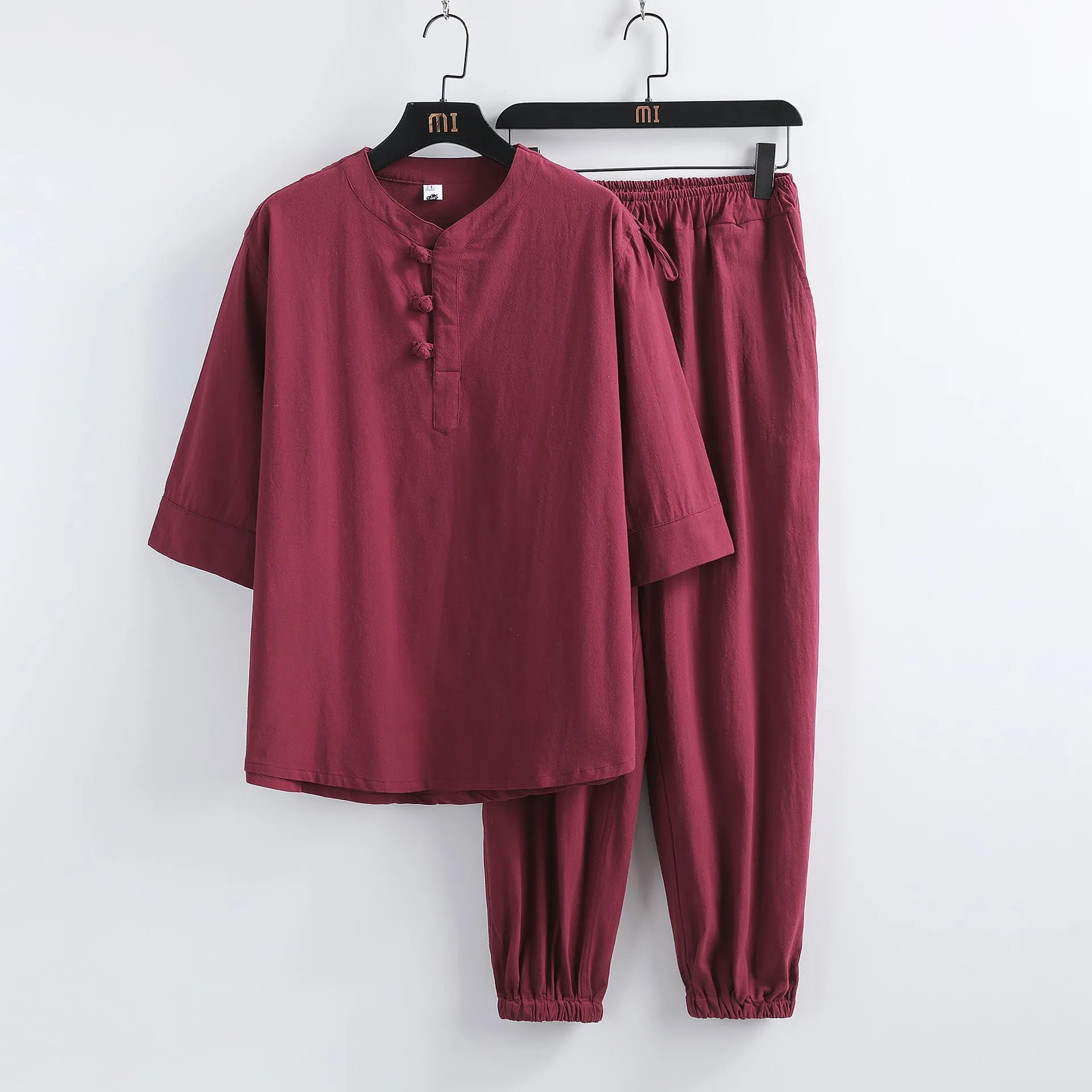 Men's cotton linen short sleeve Hanfu lay Buddhist suit in khaki, with front buckle and matching trousers