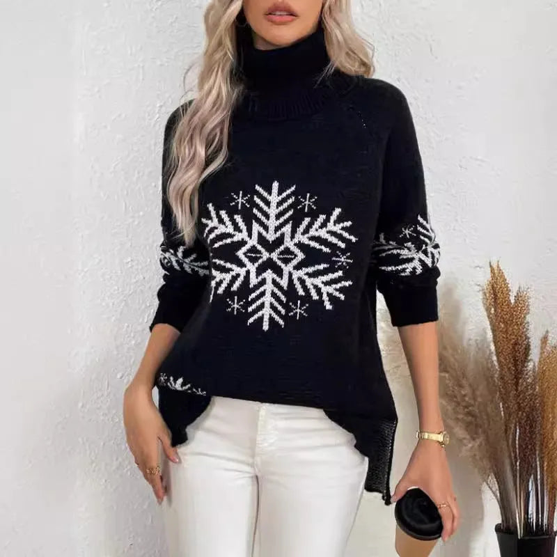Women's high collar Christmas sweater jacquard knit floral pattern medium length 65cm red black khaki dark green