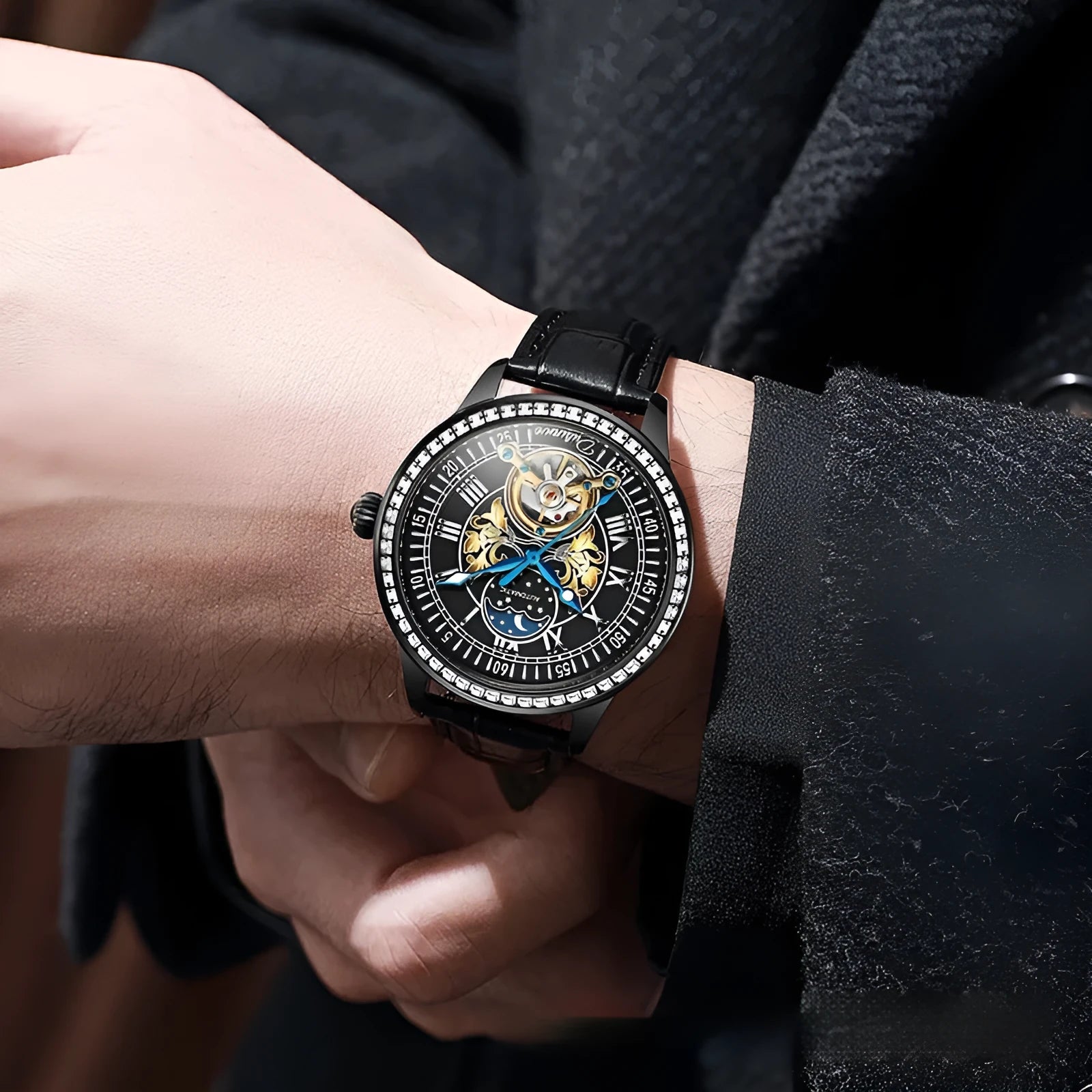Men's round dial mechanical watch with stainless steel strap and transparent case back.