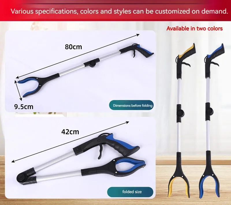 Foldable aluminium garbage clamp with blue handle extended to 80cm and folded to 42cm with magnet