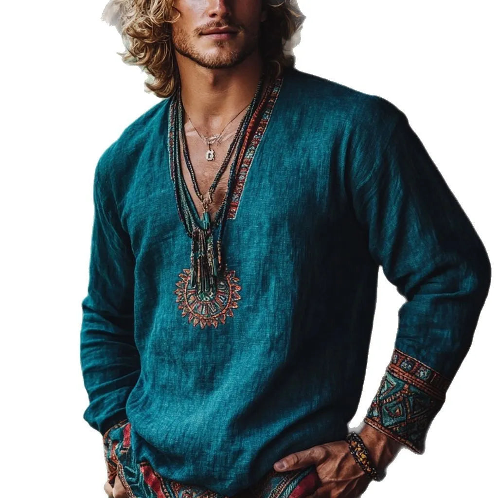 Women's vintage boho style printed long sleeve casual top in picture colour.