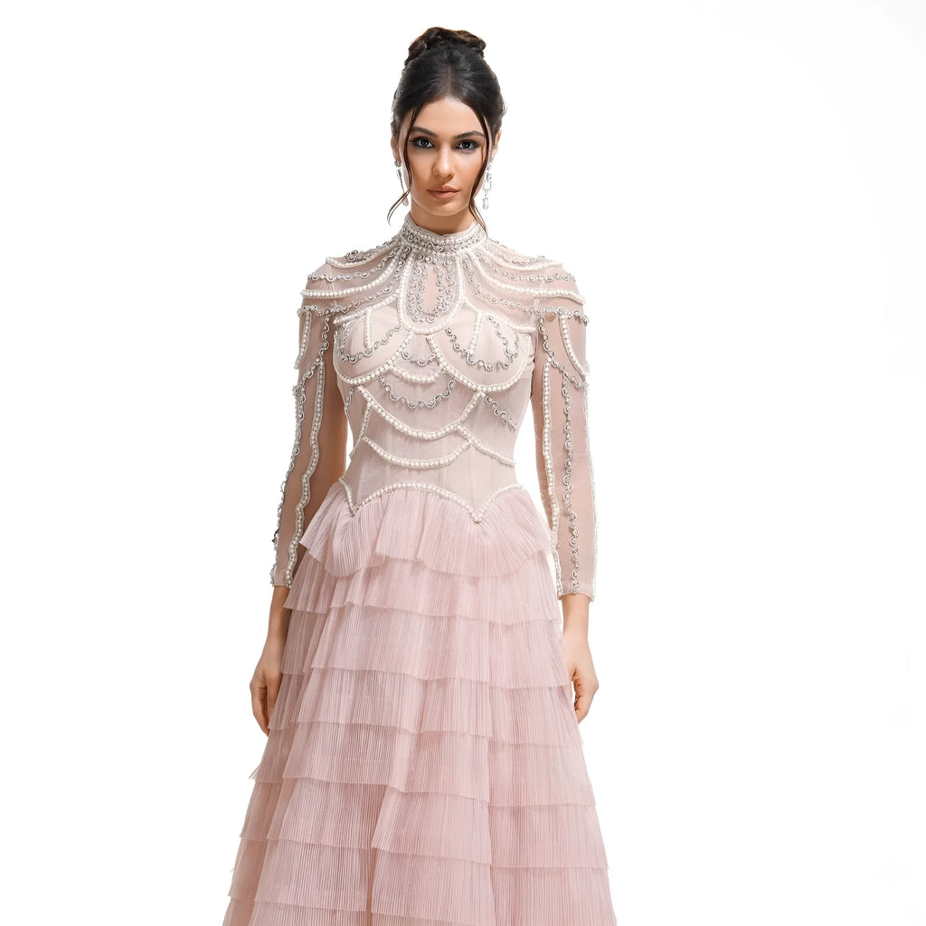 Women's long sleeve beaded dress in polyester with mid waist and long skirt design
