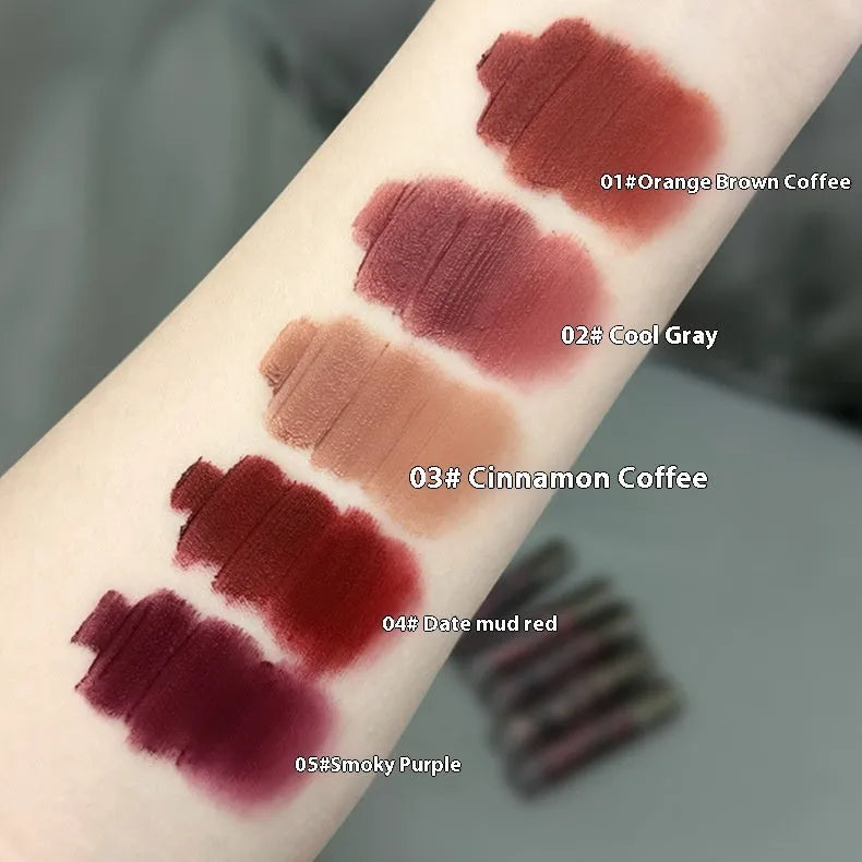 Lava Secret Matte Lip Mud Lipstick in a 3.2g stick showing five colour shades.