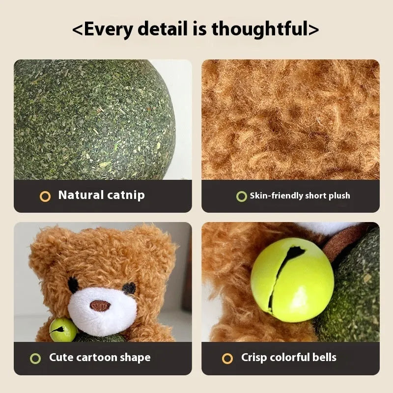 Brown Bear plush cat toy with mint ball and bell for cat bite relief and play