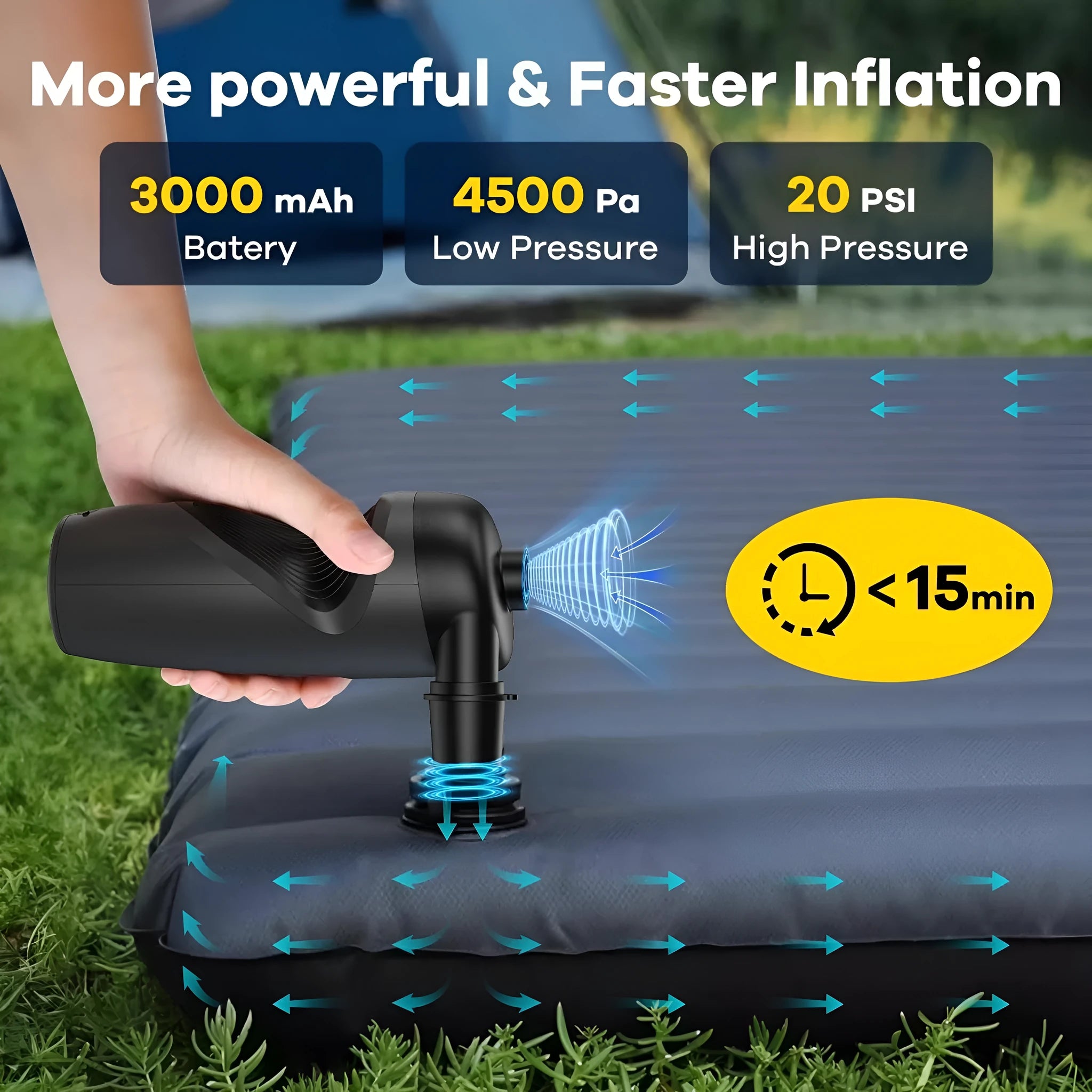 Black portable wireless air pump with LED light display and dust collection feature