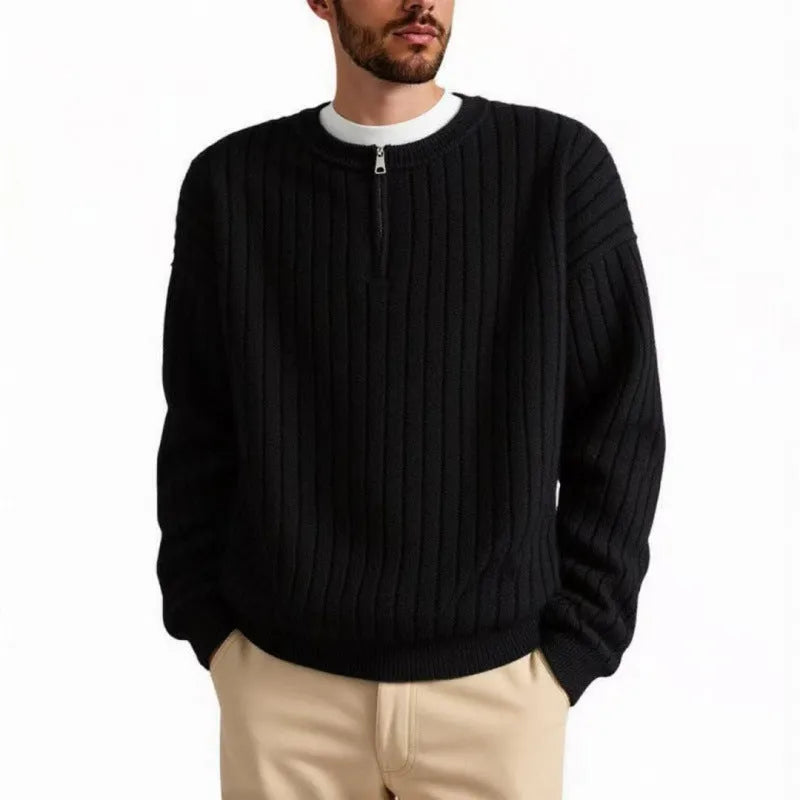 Men's grey half zip loose knit sweater with textured fabric and long sleeves