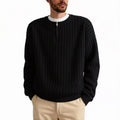 Men's grey half zip loose knit sweater with textured fabric and long sleeves