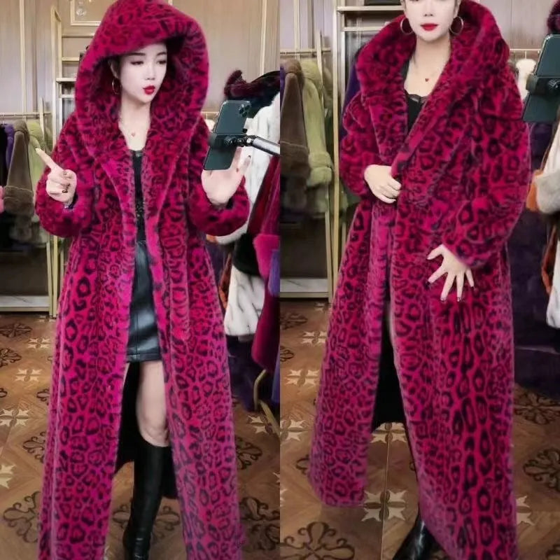 Brown leopard print plus size faux fur long coat on a hanger, showing loose fit and regular sleeves.