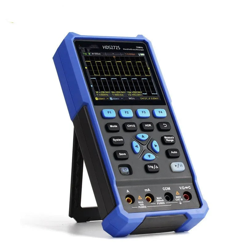 Owon HDS272 handheld digital oscilloscope with probe pen and accessories on workbench