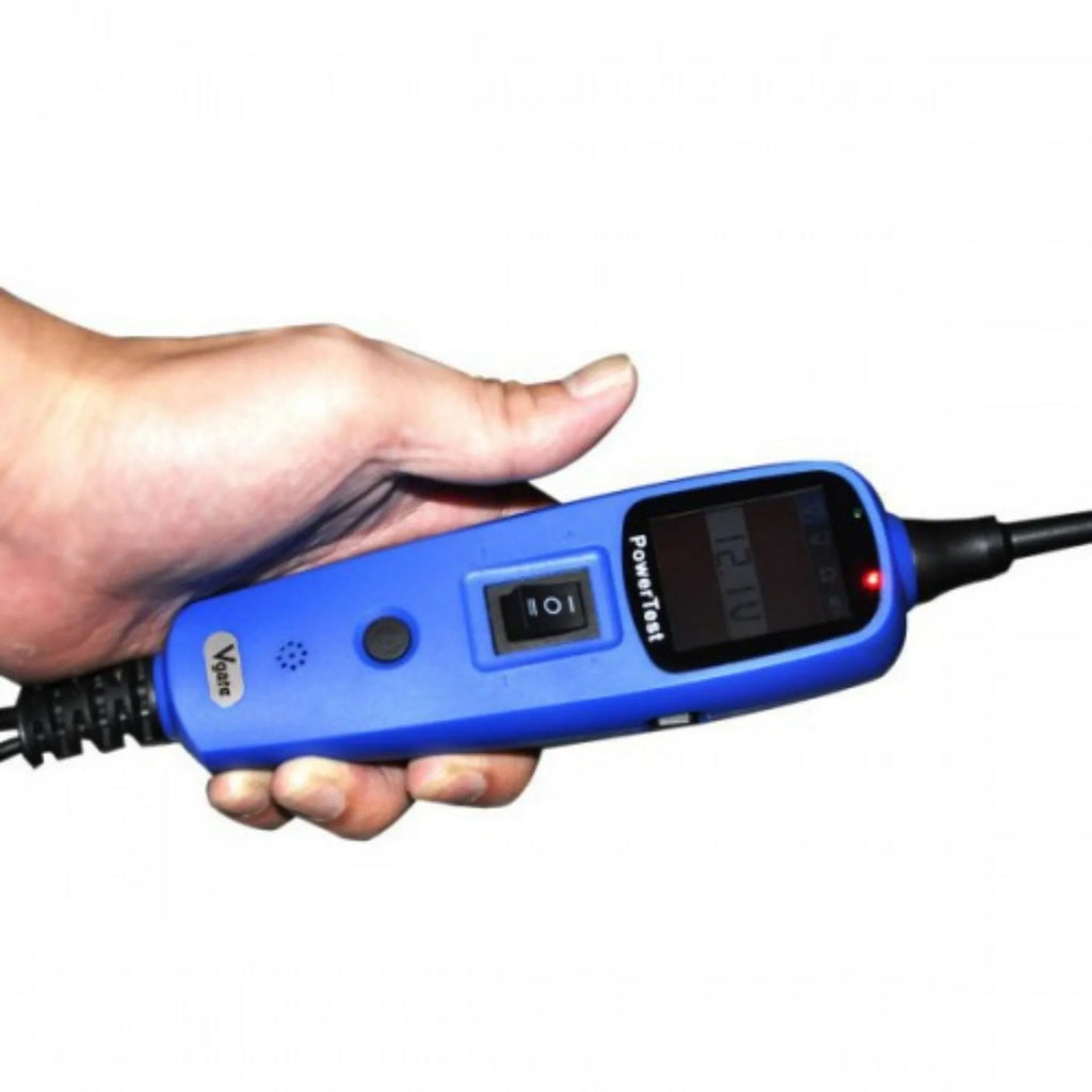 Blue PT150 automotive power circuit test pen with TFT display, shown with extension cable, probe, and protective case.
