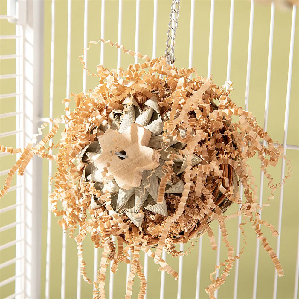 Parrot gnawing molar toy with wooden chewing pieces and plastic components for bird enrichment