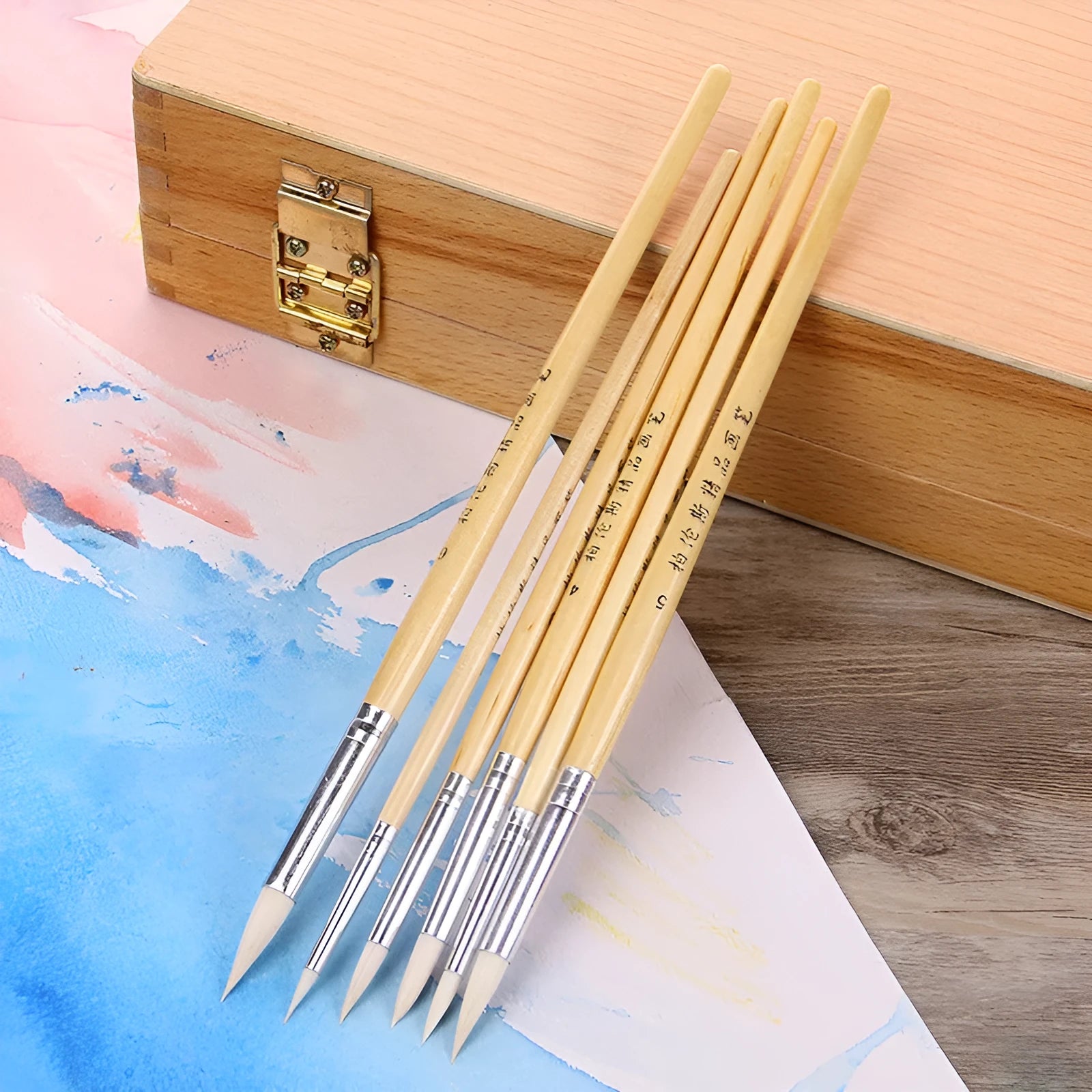 Set of six wooden pen brushes with pointed wool hook lines for calligraphy and art