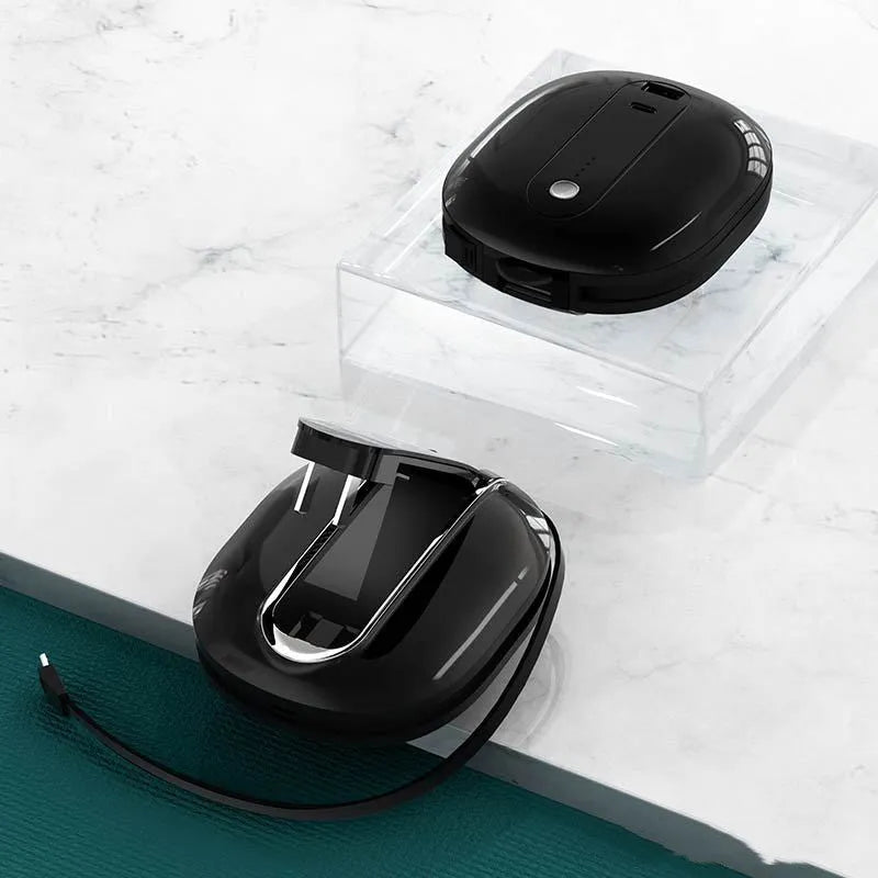 White or black two-in-one power bank with built-in plug showing 10000mAh capacity and compact 92x108x30mm dimensions
