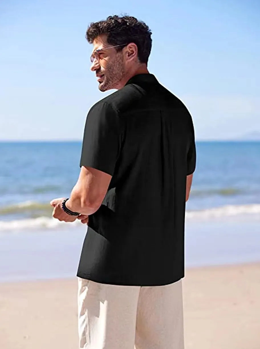 Men's short-sleeved solid colour cotton casual shirt in khaki, front view, fold collar, short sleeves, size M