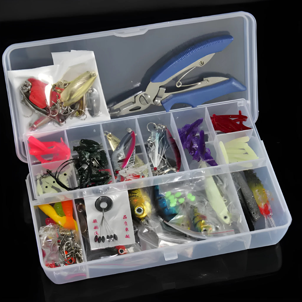 Rose red case containing 132-piece fishing lure set with soft plastic baits and steel hooks