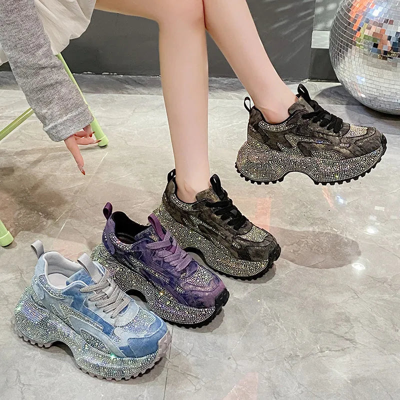 Glitter Diamond Purple Platform Sneakers women suede upper cushioned sole luxury casual running shoes