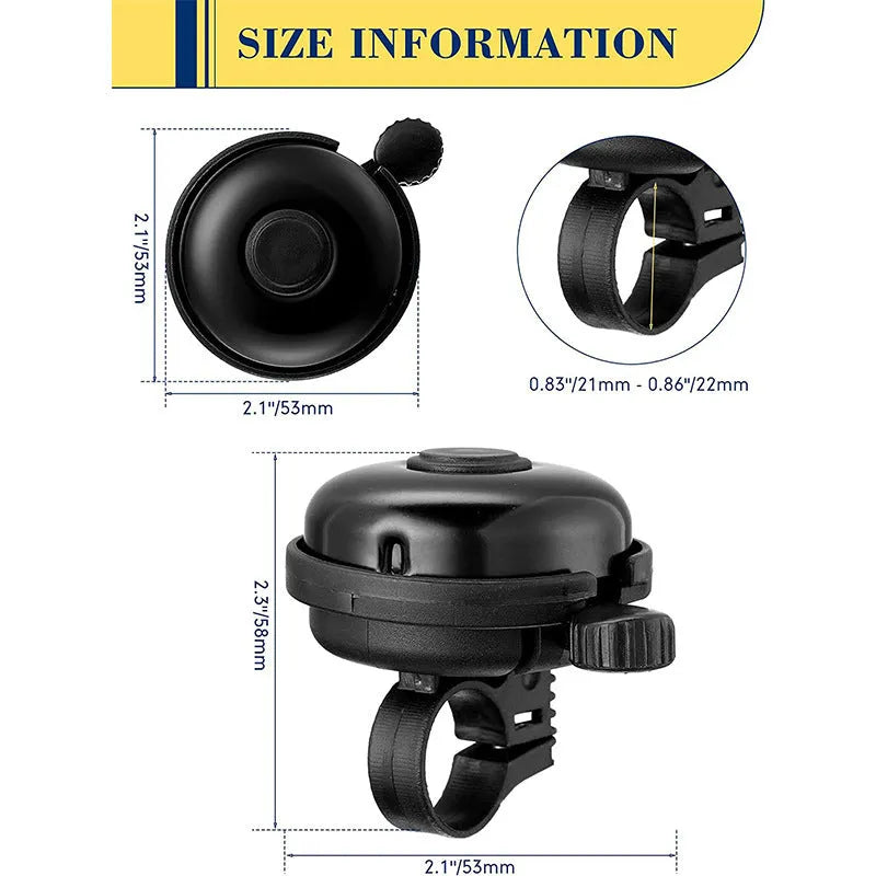 Black ABS plastic bicycle bell with 58mm diameter on a bicycle handlebar