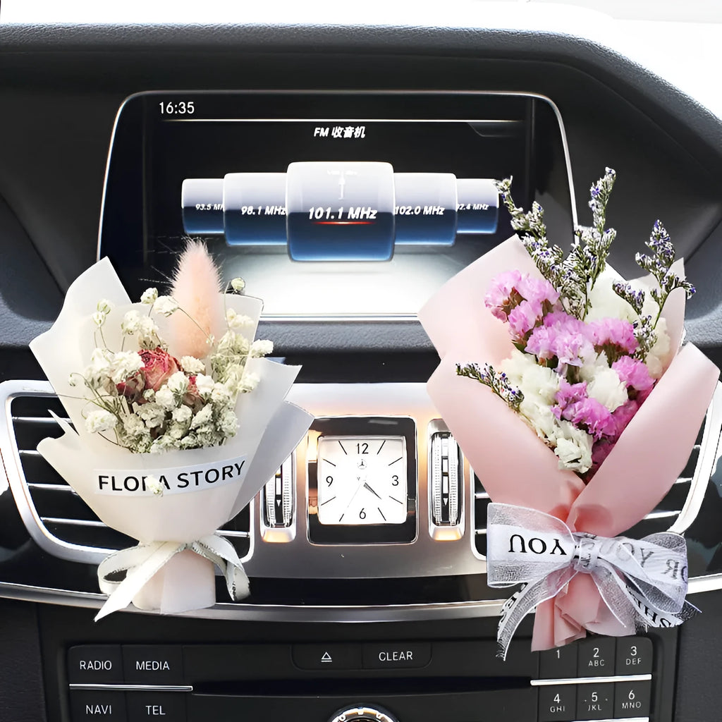 Dried flower bouquet and scented slice car air freshener for air conditioning vents in Pink Romance colour