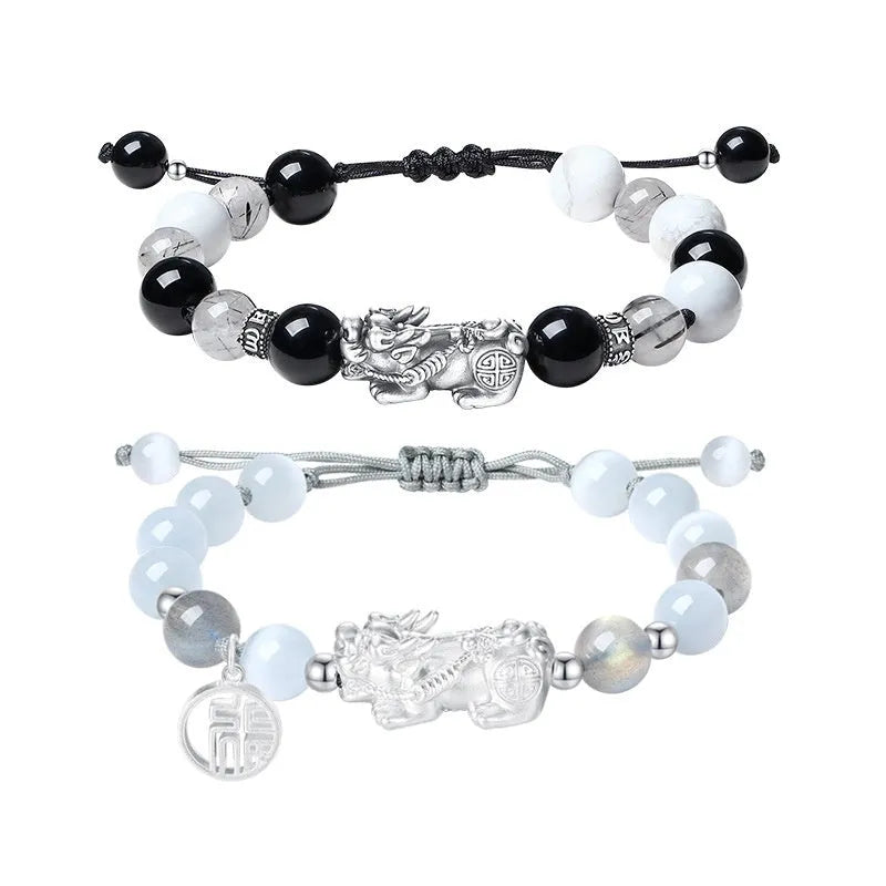 Sterling silver couple bracelet with hand-woven leather band and tassel decorations in national fashion style