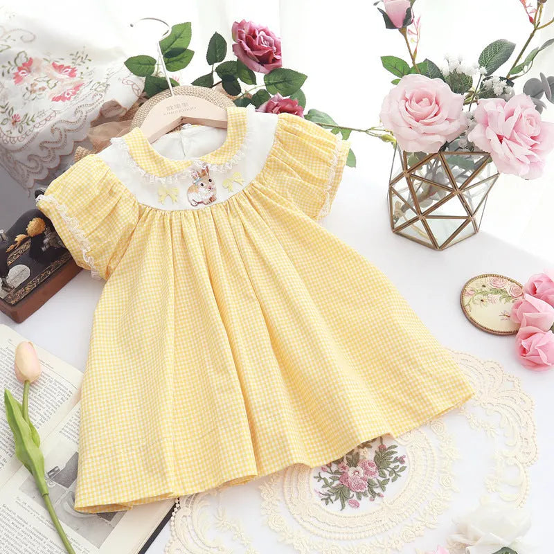 Girls yellow cotton dress with retro plaid embroidery for height 90-130cm