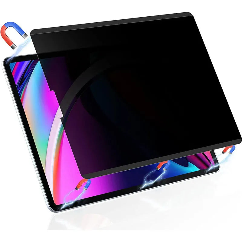 Magnetic privacy screen protector film shown attached to an iPad Pro, with narrow viewing angle effect demonstrated.