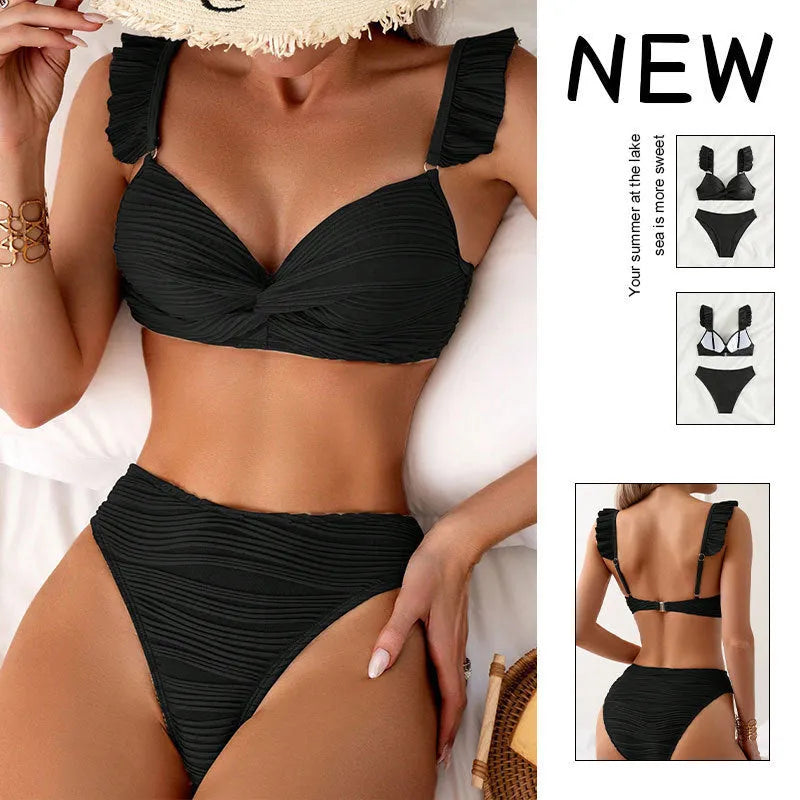 Women's solid colour bikini swimsuit in black or khaki with polyester fabric