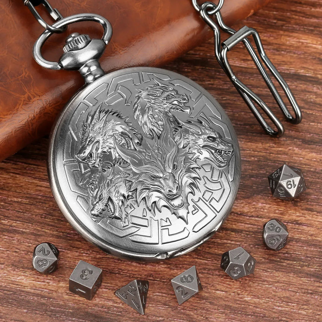 Retro pocket watch shaped zinc alloy dice set with seven polyhedral dice in bronze finish