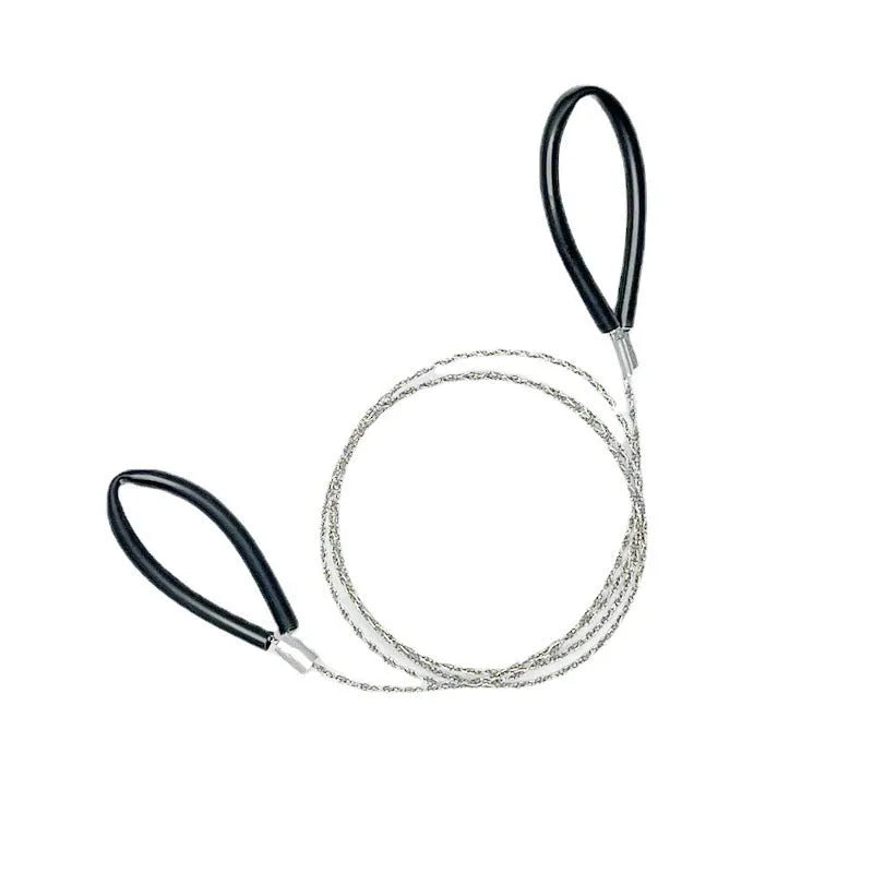 Black and red survival wire saw with leather case, showing coiled stainless steel wire and its compact size.