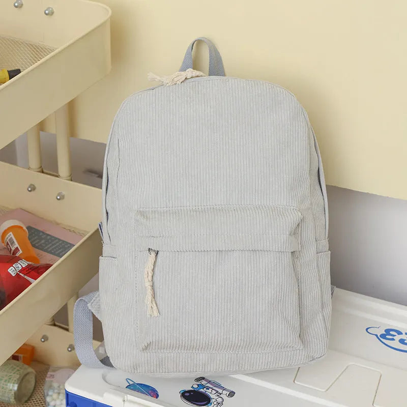 Solid colour corduroy backpack for women in six colours with three-dimensional outer pocket, free size
