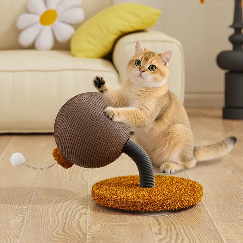 A hemp rope cat scratch board showing large and small size options with either a tumbler or cat grasping ball toy attached.
