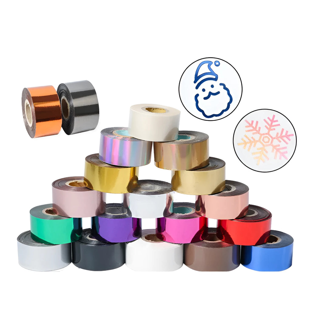 Roll of electrochemical aluminium hot stamping foil for leather and plastic, showing gold and silver colour options.