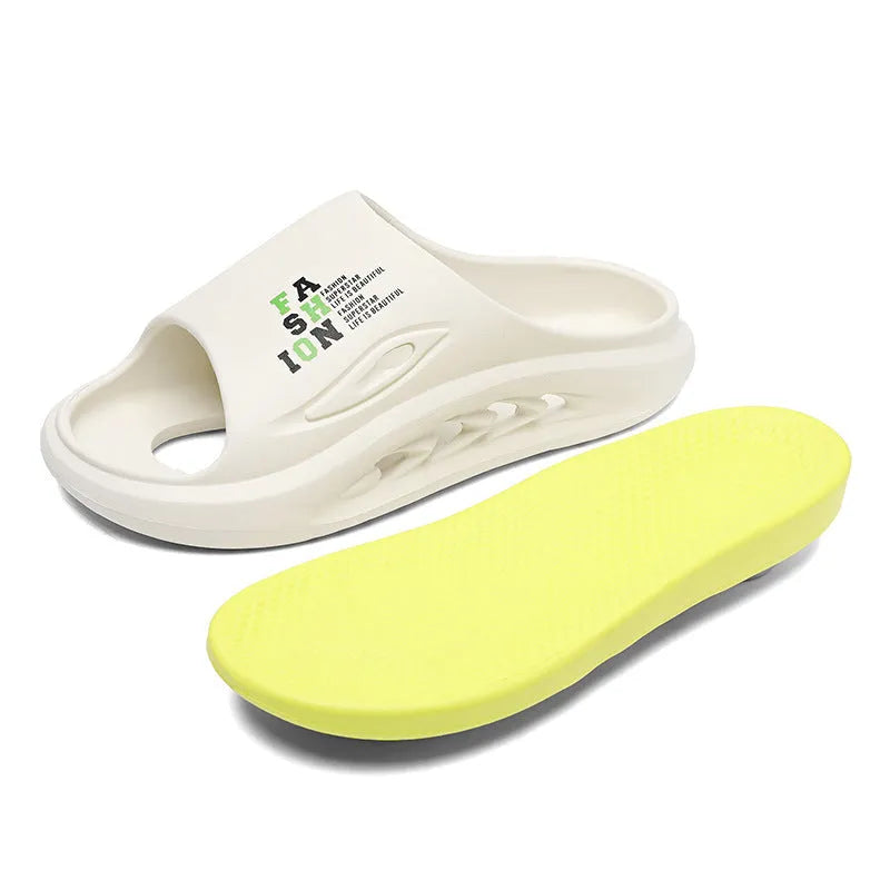 Men's white and green colour-blocked EVA slippers with a thick sole and frosted texture.