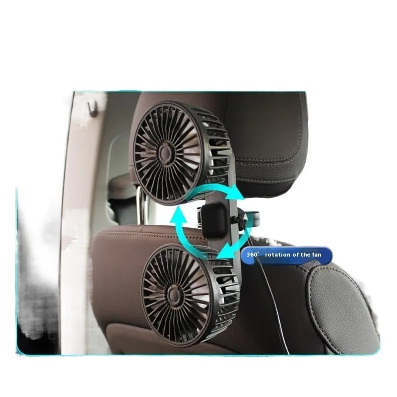 Black car mounted USB dual head fan with rear double-headed design, plastic body, and included bracket