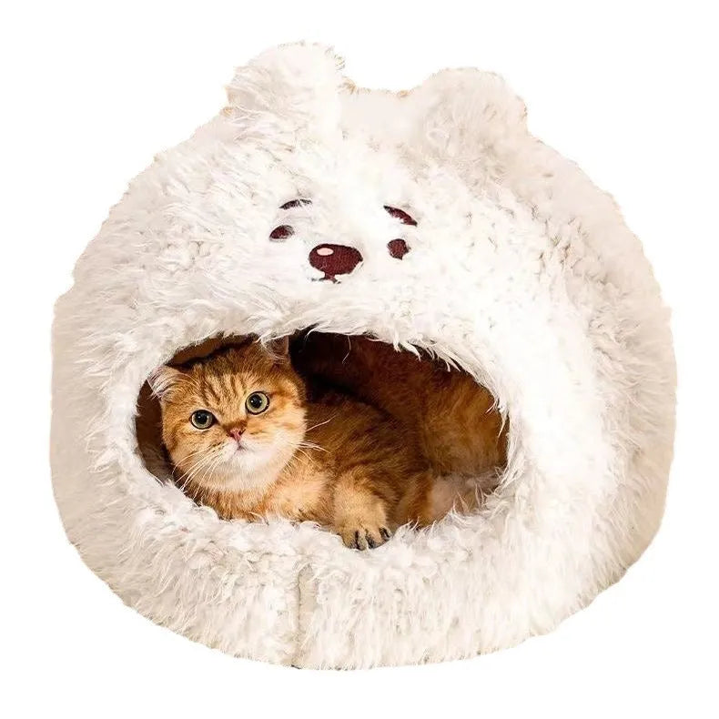 Semi-enclosed yurt-style cat litter kennel tent with plush fleece cover in a home setting.
