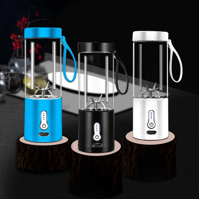 Portable rechargeable blender with 530ml cup in various colours including black, white, blue, and rose red