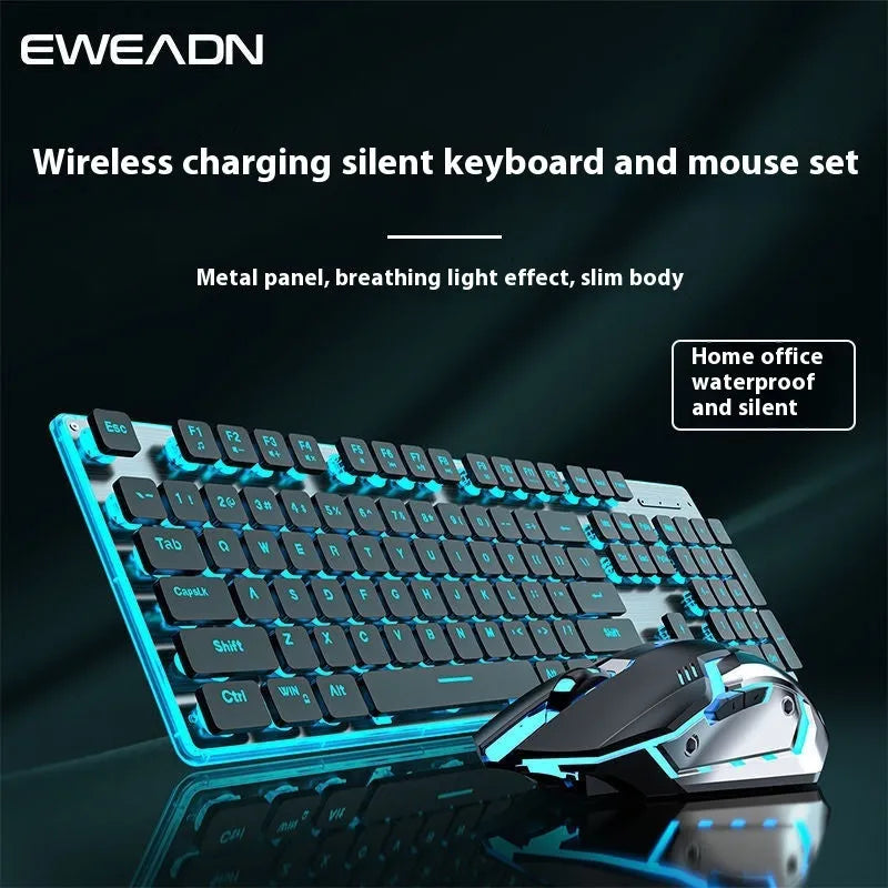 Compact wireless Bluetooth keyboard with mute button and pink backlight on a desk next to a tablet.