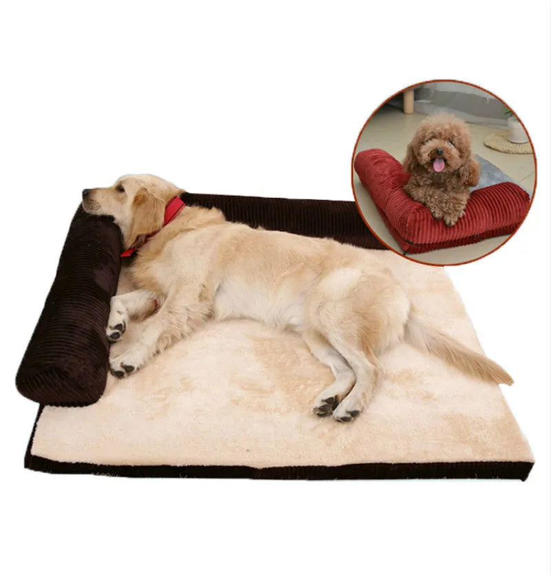 A large grey corduroy dog sofa bed with bilateral sides and a non-slip base on a wooden floor.