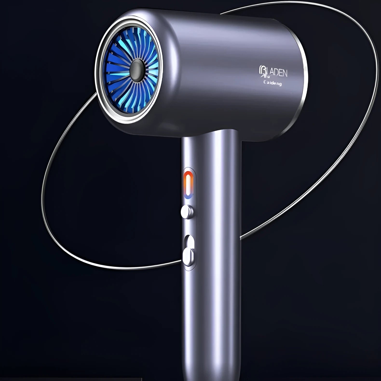 Black household anion hair dryer with blue light, five fan speeds, and air collecting nozzle on neutral background