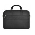 Black Oxford cloth laptop handbag showing multi-pocket organiser design and secure lock.