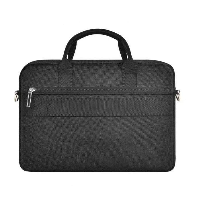 Black Oxford cloth laptop handbag showing multi-pocket organiser design and secure lock.