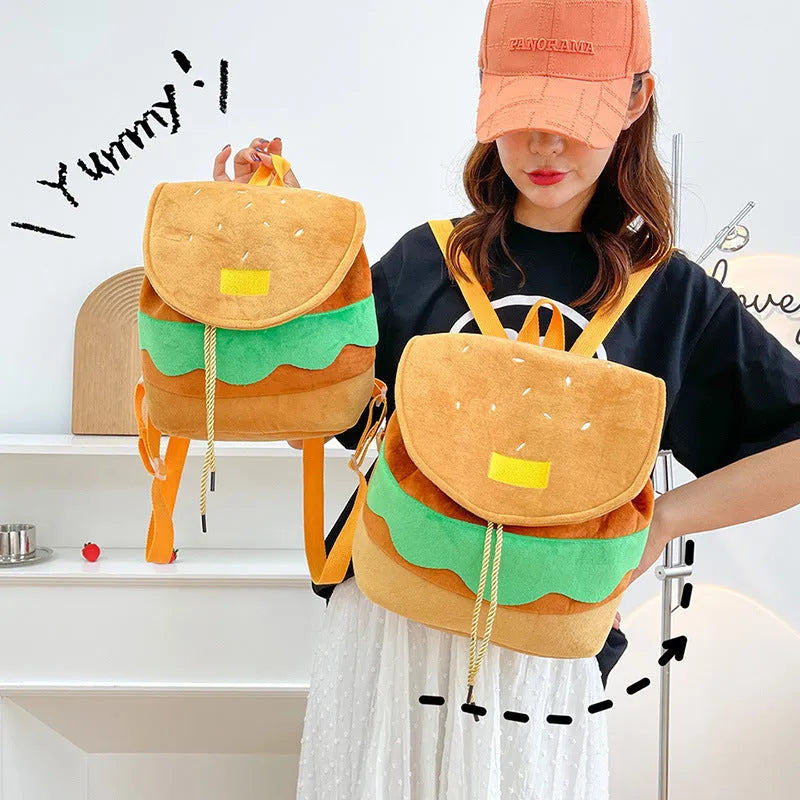 Cute hamburger plush backpack in soft velvet with drawstring closure, cartoon burger design