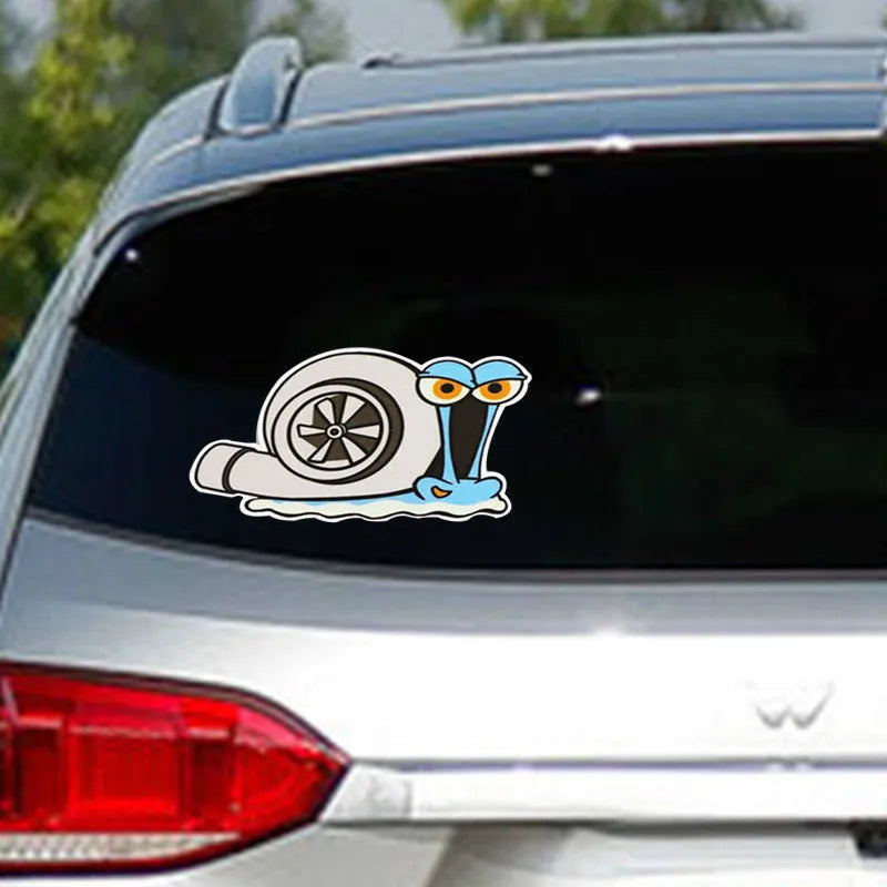 Reflective snail cartoon car bumper sticker with colourful design on white background