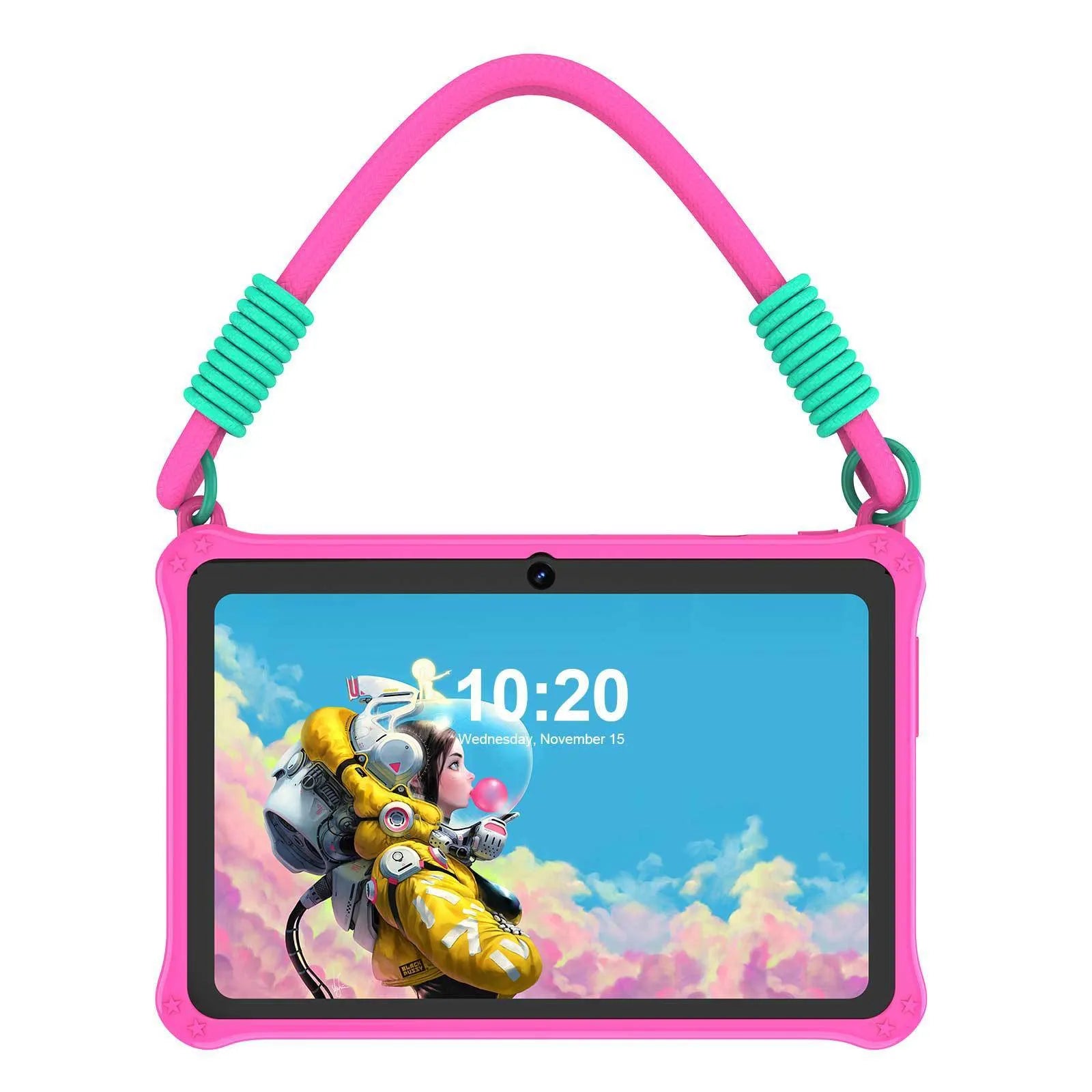 7-inch children's silicone tablet case in sapphire blue with flat strap and included screen protector
