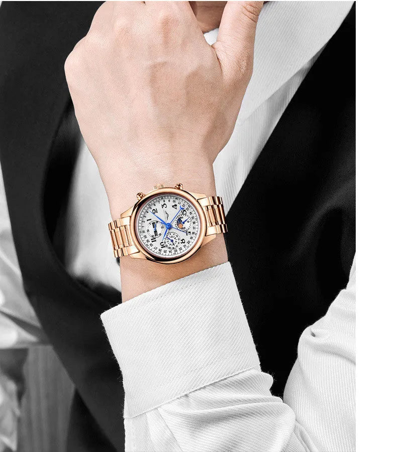 Men's mechanical perpetual calendar watch with leather strap showing moon phase and calendar displays