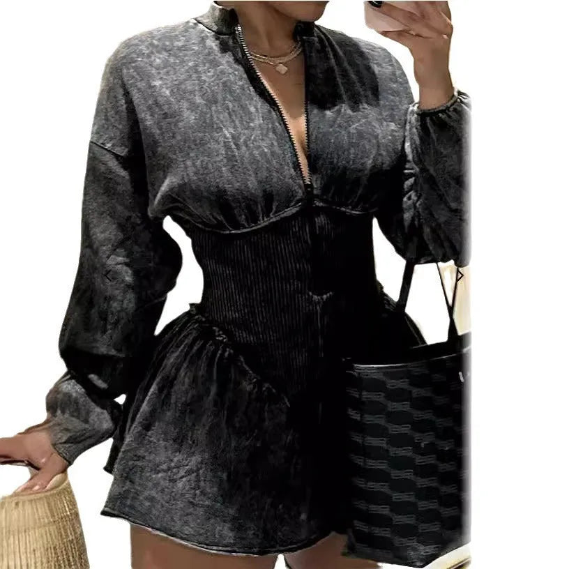 Grey slim-fit A-line dress with a drawstring waist, long sleeves, and digital printing.